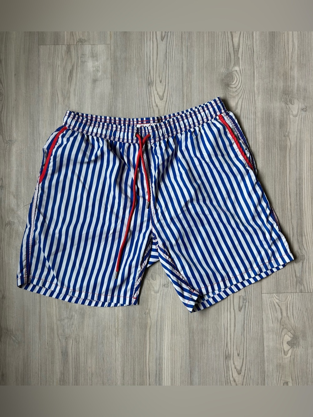 Mr.Swim Blue and White Striped Swim Trunks with Red Accents